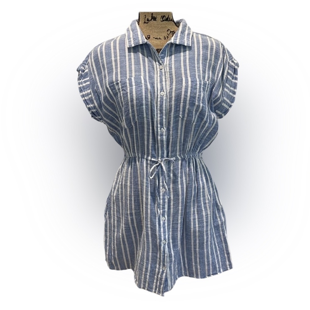 Japna Short Sleeve Collared Striped Shirt Dress Blue And White Size M Pockets